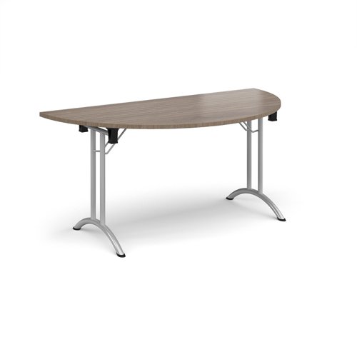 Semi circular folding leg table with silver legs and curved foot rails 1600mm x 800mm - Barcelona Walnut