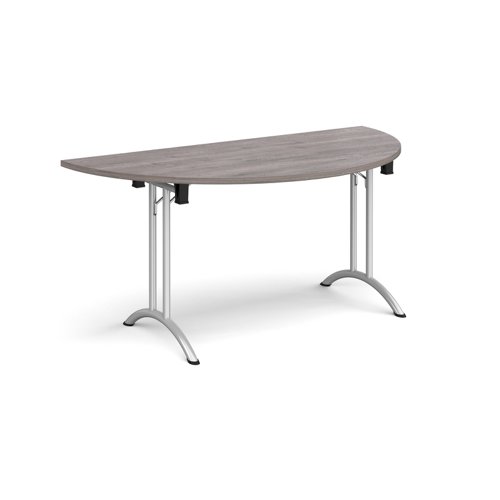 Semi circular folding leg table with silver legs and curved foot rails 1600mm x 800mm - grey oak Meeting Tables CFL1600S-S-GO