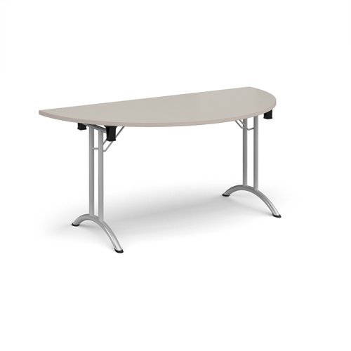 Semi circular folding leg table with silver legs and curved foot rails 1600mm x 800mm - Light Grey