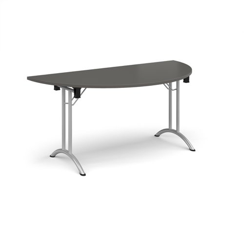 Semi circular folding leg table with silver legs and curved foot rails 1600mm x 800mm - Onyx Grey