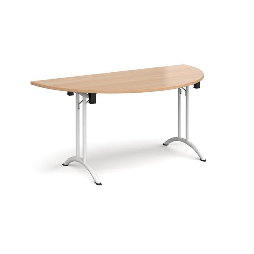 Semi circular folding leg table with white legs and curved foot rails 1600mm x 800mm - beech