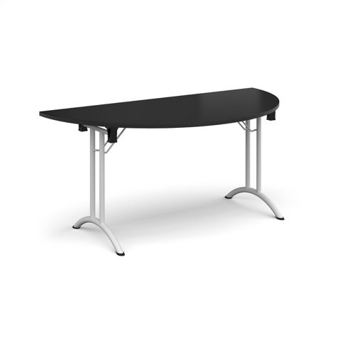 Semi circular folding leg table with white legs and curved foot rails 1600mm x 800mm - Black