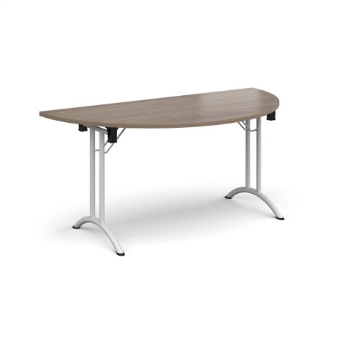 Semi circular folding leg table with white legs and curved foot rails 1600mm x 800mm - Barcelona Walnut