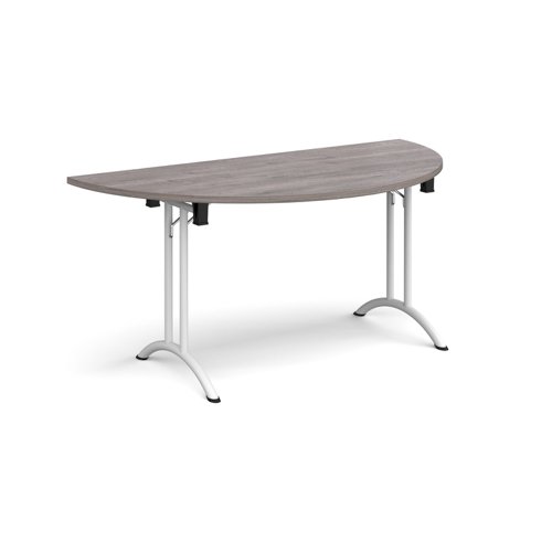Semi circular folding leg table with white legs and curved foot rails 1600mm x 800mm - grey oak