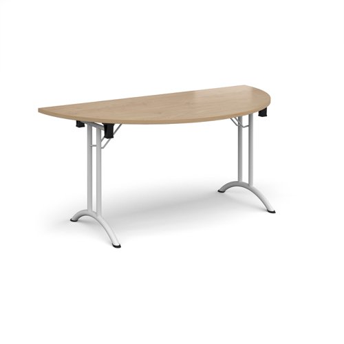 Semi circular folding leg table with white legs and curved foot rails 1600mm x 800mm - Kendal Oak