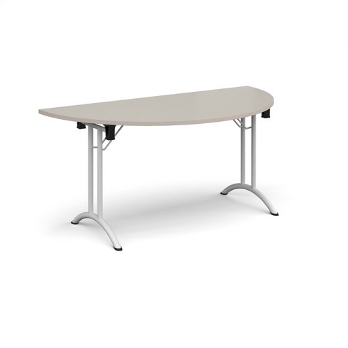 Semi circular folding leg table with white legs and curved foot rails 1600mm x 800mm - Light Grey