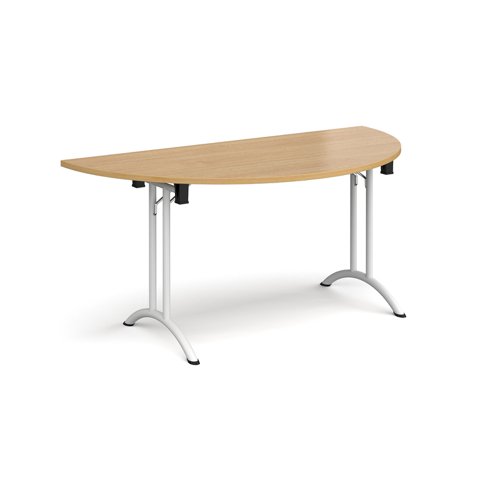 CFL1600S-WH-O Semi circular folding leg table with white legs and curved foot rails 1600mm x 800mm - oak