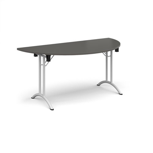 Semi circular folding leg table with white legs and curved foot rails 1600mm x 800mm - Onyx Grey