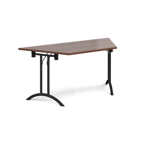 Trapezoidal folding leg table with black legs and curved foot rails 1600mm x 800mm - walnut