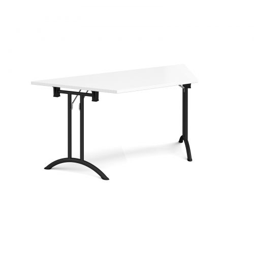 Trapezoidal folding leg table with black legs and curved foot rails 1600mm x 800mm - white