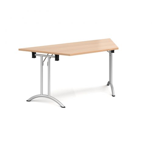 Trapezoidal folding leg table with silver legs and curved foot rails 1600mm x 800mm - beech