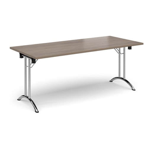 Rectangular folding leg table with chrome legs and curved foot rails 1800mm x 800mm - Barcelona Walnut