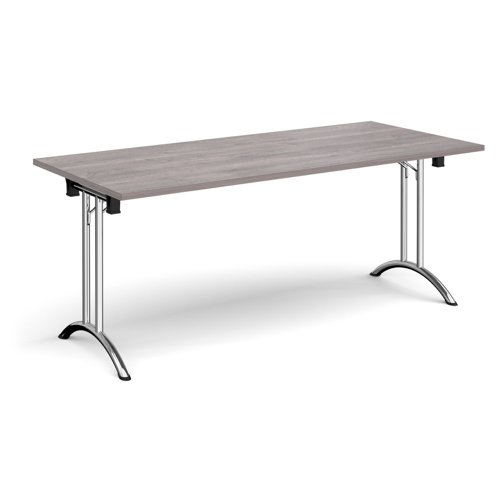 Rectangular folding leg table with chrome legs and curved foot rails 1800mm x 800mm - grey oak CFL1800-C-GO Buy online at Office 5Star or contact us Tel 01594 810081 for assistance
