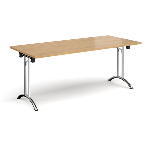 Rectangular folding leg table with chrome legs and curved foot rails 1800mm x 800mm - oak CFL1800-C-O Buy online at Office 5Star or contact us Tel 01594 810081 for assistance