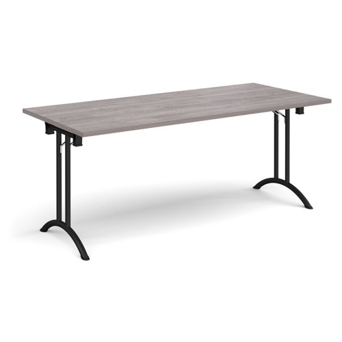 Rectangular folding leg table with black legs and curved foot rails 1800mm x 800mm - grey oak