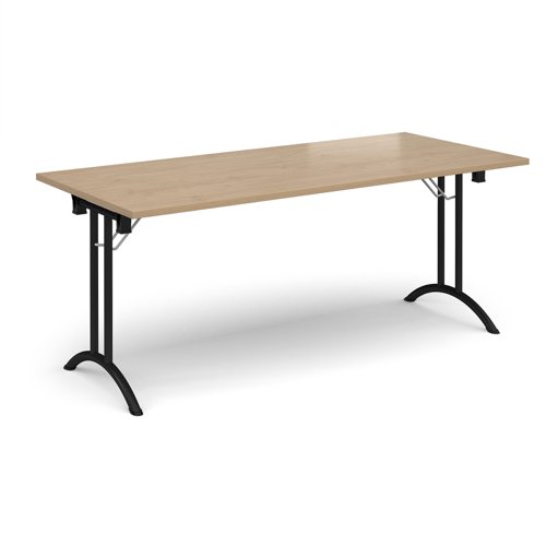 Rectangular folding leg table with black legs and curved foot rails 1800mm x 800mm - Kendal Oak