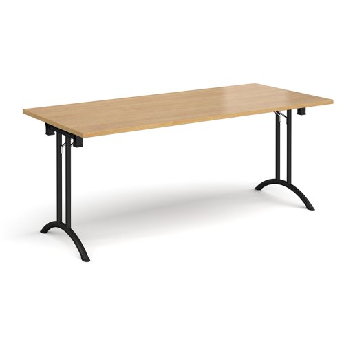 Rectangular folding leg table with black legs and curved foot rails 1800mm x 800mm - oak
