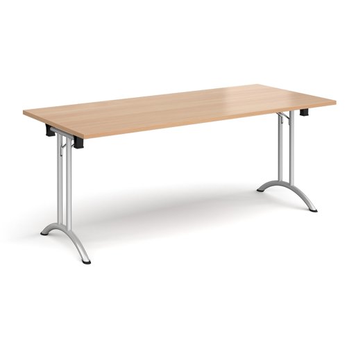 Rectangular folding leg table with silver legs and curved foot rails 1800mm x 800mm - beech CFL1800-S-B Buy online at Office 5Star or contact us Tel 01594 810081 for assistance
