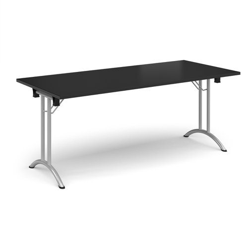 Rectangular folding leg table with silver legs and curved foot rails 1800mm x 800mm -Black