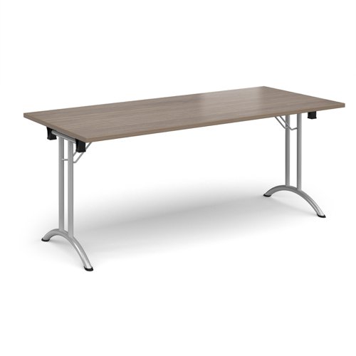 Rectangular folding leg table with silver legs and curved foot rails 1800mm x 800mm - Barcelona Walnut