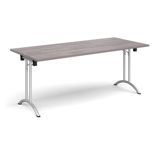 Rectangular folding leg table with silver legs and curved foot rails 1800mm x 800mm - grey oak