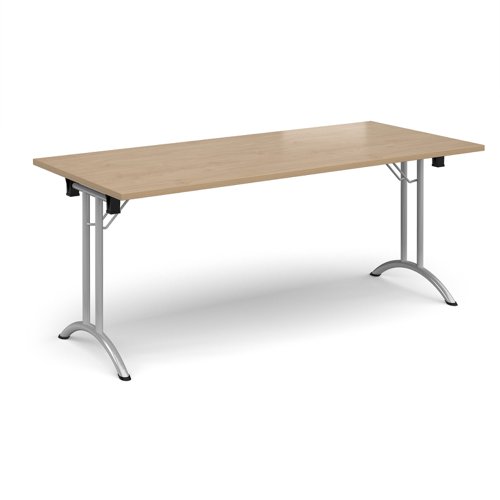 Rectangular folding leg table with silver legs and curved foot rails 1800mm x 800mm - Kendal Oak