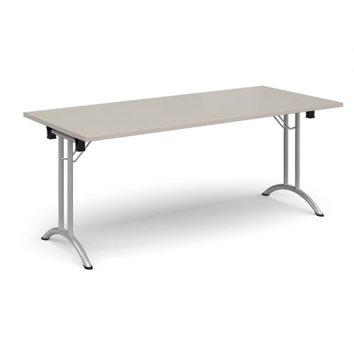 Rectangular folding leg table with silver legs and curved foot rails 1800mm x 800mm - Light Grey