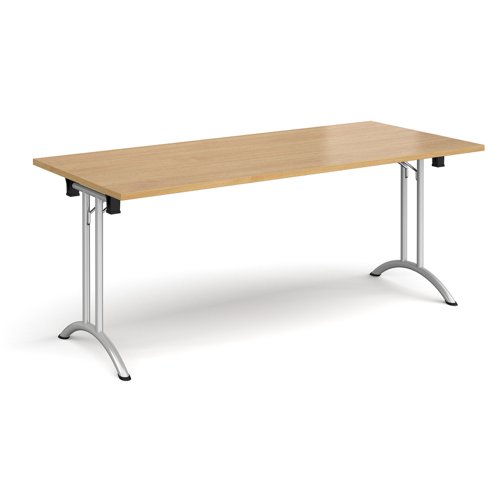 CFL1800-S-O Rectangular folding leg table with silver legs and curved foot rails 1800mm x 800mm - oak