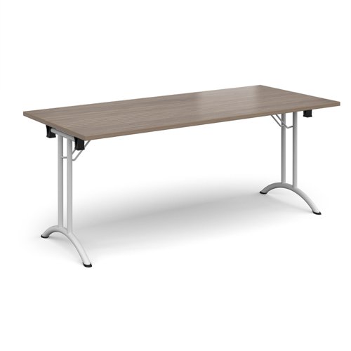 Rectangular folding leg table with white legs and curved foot rails 1800mm x 800mm - Barcelona Walnut