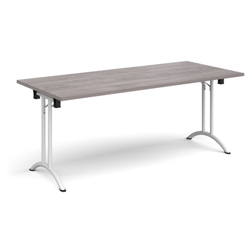 Rectangular folding leg table with white legs and curved foot rails 1800mm x 800mm - grey oak CFL1800-WH-GO Buy online at Office 5Star or contact us Tel 01594 810081 for assistance