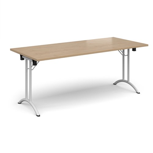 Rectangular folding leg table with white legs and curved foot rails 1800mm x 800mm - Kendal Oak