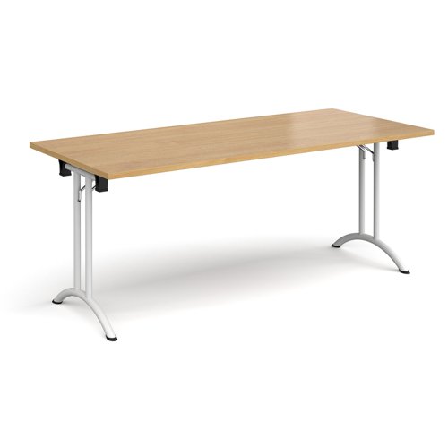 Rectangular folding leg table with white legs and curved foot rails 1800mm x 800mm - oak CFL1800-WH-O Buy online at Office 5Star or contact us Tel 01594 810081 for assistance