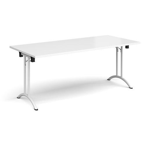 Rectangular folding leg table with white legs and curved foot rails 1800mm x 800mm - white CFL1800-WH-WH Buy online at Office 5Star or contact us Tel 01594 810081 for assistance