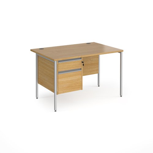 Contract 25 straight desk with 2 drawer pedestal and silver H-Frame leg 1200mm x 800mm - oak top