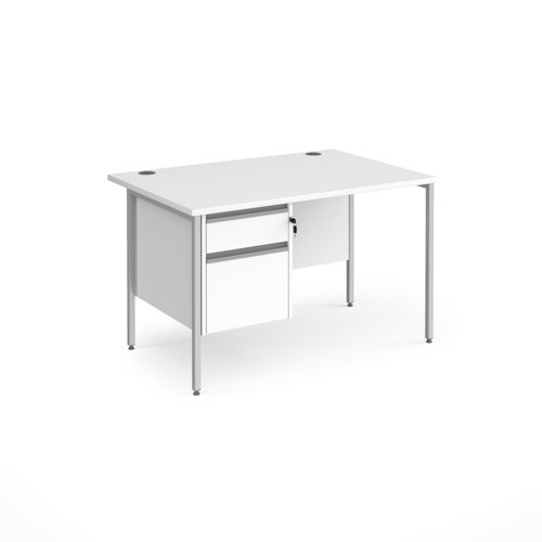 Contract 25 straight desk with 2 drawer pedestal and silver H-Frame leg 1200mm x 800mm - white top