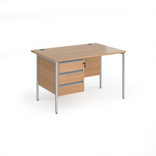 Contract 25 straight desk with 3 drawer pedestal and silver H-Frame leg 1200mm x 800mm - beech top