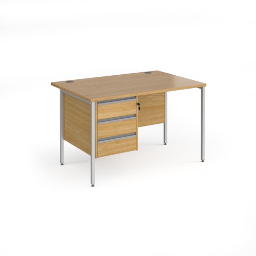 Contract 25 straight desk with 3 drawer pedestal and silver H-Frame leg 1200mm x 800mm - oak top