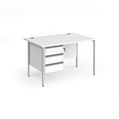 Contract 25 straight desk with 3 drawer pedestal and silver H-Frame leg 1200mm x 800mm - white top