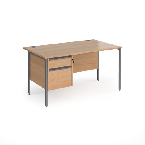 Contract 25 straight desk with 2 drawer pedestal and graphite H-Frame leg 1400mm x 800mm - beech top