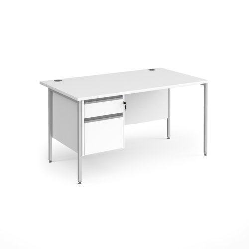 Contract 25 straight desk with 2 drawer pedestal and silver H-Frame leg 1400mm x 800mm - white top