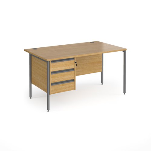 Contract 25 straight desk with 3 drawer pedestal and graphite H-Frame leg 1400mm x 800mm - oak top