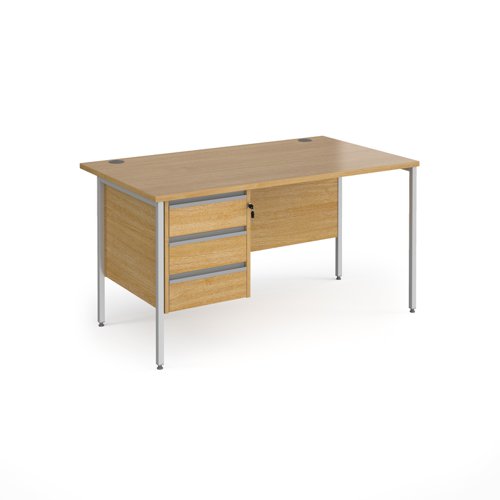 Contract 25 straight desk with 3 drawer pedestal and silver H-Frame leg 1400mm x 800mm - oak top