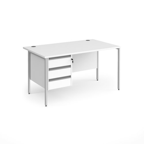 Contract 25 straight desk with 3 drawer pedestal and silver H-Frame leg 1400mm x 800mm - white top