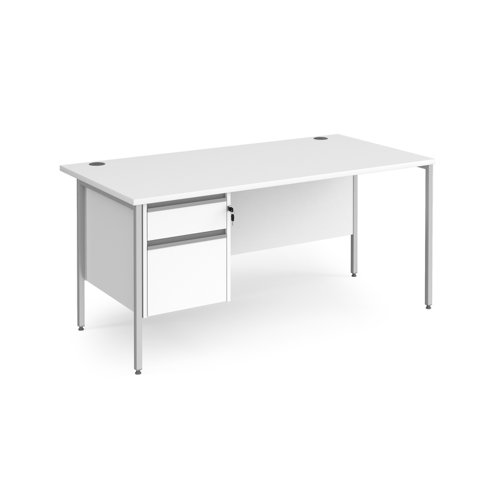 Contract 25 straight desk with 2 drawer pedestal and silver H-Frame leg 1600mm x 800mm - white top