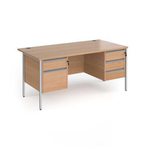Contract 25 straight desk with 2 and 3 drawer pedestals and silver H-Frame leg 1600mm x 800mm - beech top