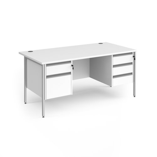 Contract 25 straight desk with 2 and 3 drawer pedestals and silver H-Frame leg 1600mm x 800mm - white top
