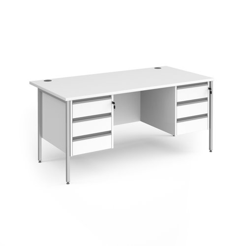 Contract 25 straight desk with 3 and 3 drawer pedestals and silver H-Frame leg 1600mm x 800mm - white top