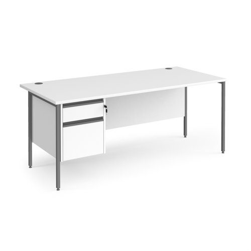 Contract 25 straight desk with 2 drawer pedestal and graphite H-Frame leg 1800mm x 800mm - white top