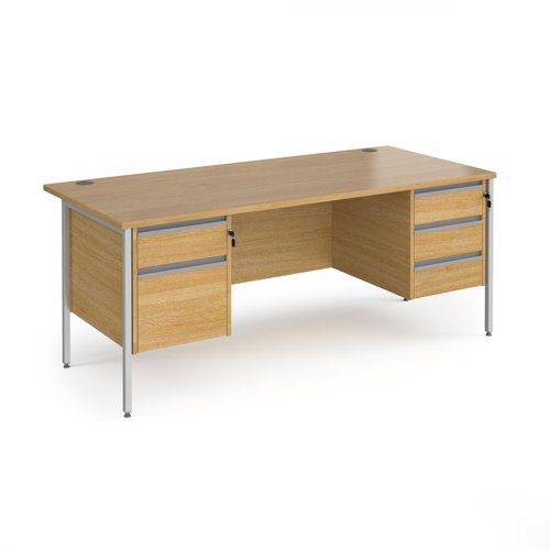 Contract 25 straight desk with 2 and 3 drawer pedestals and silver H-Frame leg 1800mm x 800mm - oak top