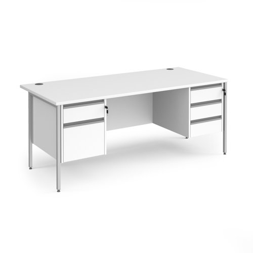 Contract 25 straight desk with 2 and 3 drawer pedestals and silver H-Frame leg 1800mm x 800mm - white top